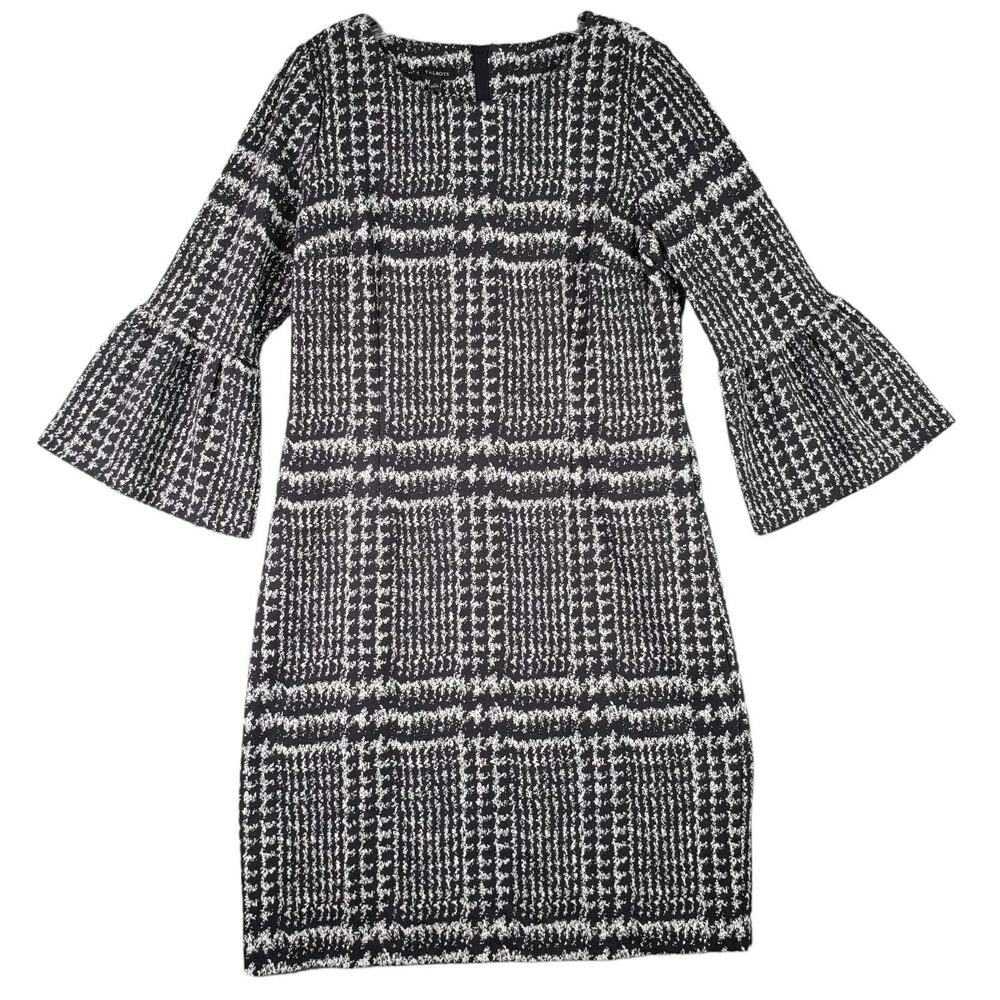 Talbots Sheath Dress Womens Size 10 Gala Glen Black White Plaid Bell Sleeve New - Picture 3 of 8
